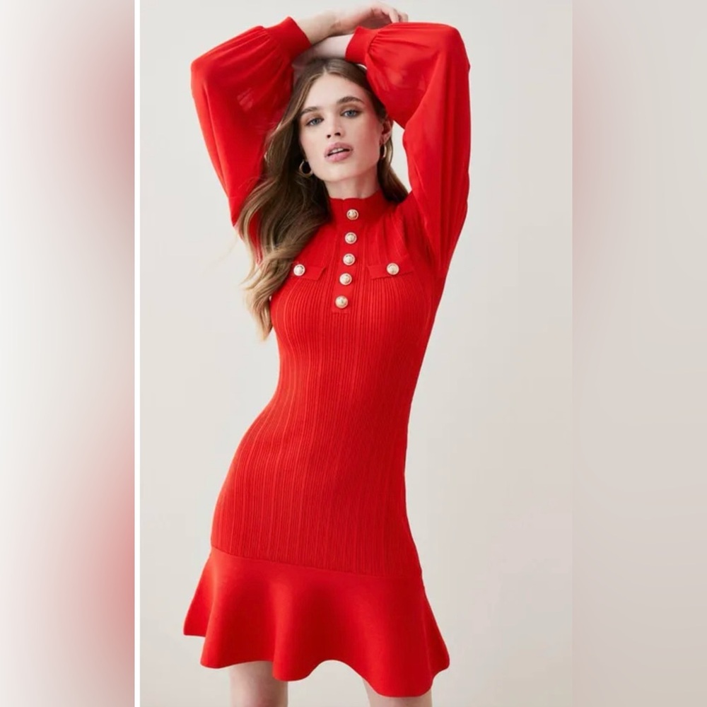 Karen Millen Red Cocktail Dress Fitted with Ruffled Sheer Balloon Sleeves MEDIUM